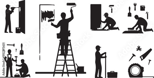 Set of Black Vector Silhouettes: People Doing Home Renovation and Construction Tasks with Tools isolated PNG with Transparent Background
