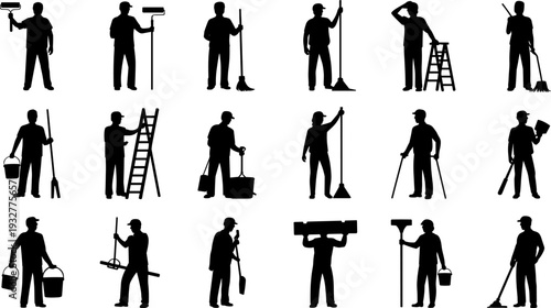 Cleaning staff silhouette collection, janitor workers with mop broom bucket ladder and tools, housekeeping service vector set