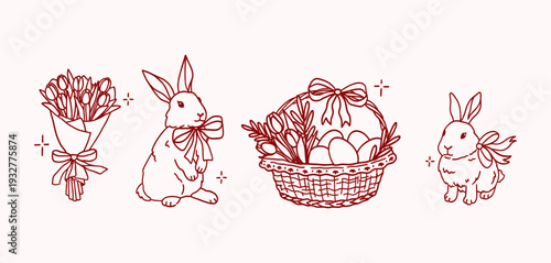 Set of happy animal bunny with ribbon bow, bouquet of tulip flowers, qicker basket with tulips and eggs. Happy Easter or spring collection vector clipart. Hand drawing sketch artwork