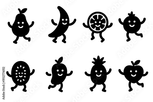 Joyful Fruit Icons. Happy Party Foods. Filled icon set of Happy Party Foods: smiling pear dance, banana twist,