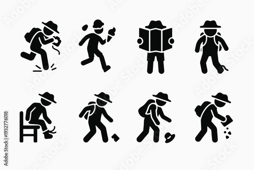 Tourist Mishap Icons. Comical tourist mishaps. Filled icon set of comical tourist mishaps: tripping with