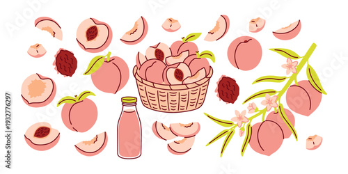 Large collection of organic peaches including wicker basket glass bottle of fresh juice and blooming fruit branches for summer harvest branding and healthy food menu design