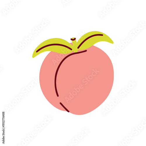 One ripe peach with green leaves for minimalist food icon healthy snack promotion and organic grocery store marketing or fruit juice packaging logo