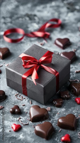 A chocolate gift box adorned with a vibrant red ribbon and surrounded by heart-shaped chocolates on a gray surface.