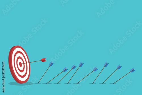 Business Target Success Concept Vector Illustration, Arrow Hitting Bullseye and Missing Arrows, Goal Achievement Strategy, Marketing Performance, Leadership Focus, Investment Growth Concept