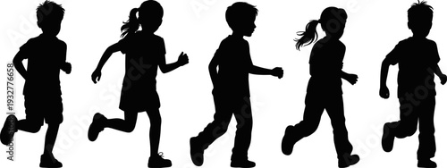 Active running kids silhouette set, boys and girls jogging children isolated on white background