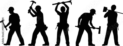 Construction worker hammering silhouette set, professional builder with tools, industrial laborer action poses isolated black vector illustration