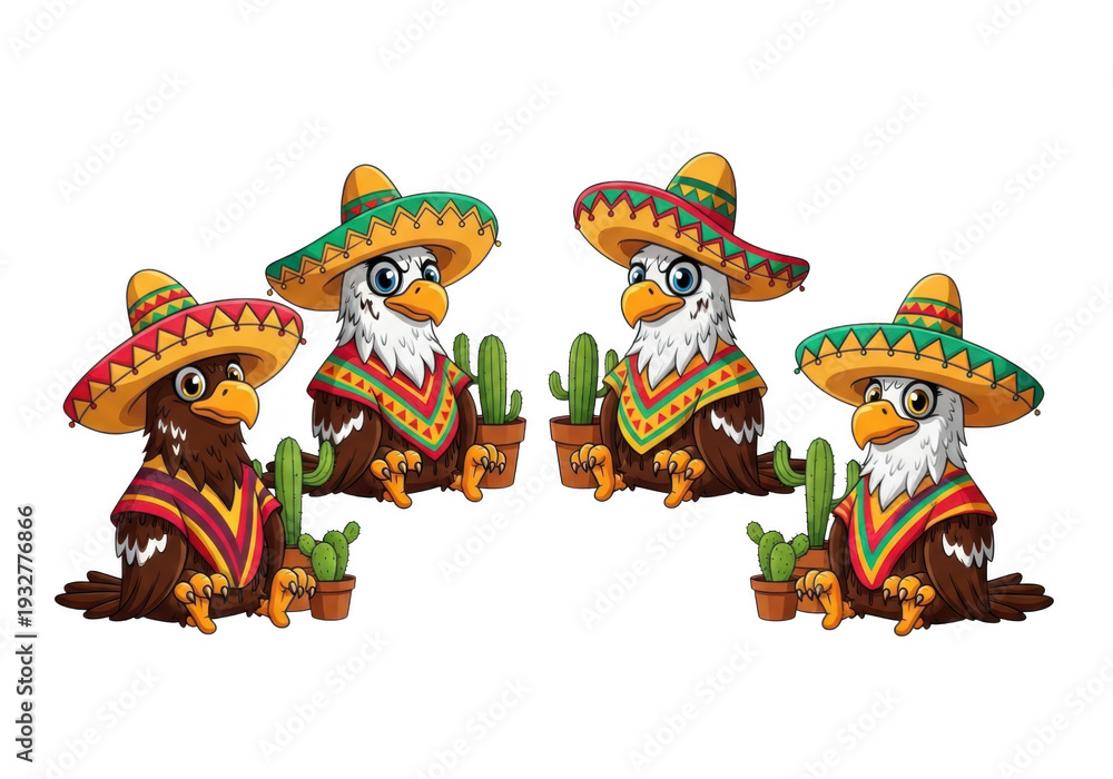 Fototapeta premium Four pixelated bears in sombreros and serape sitting with cacti