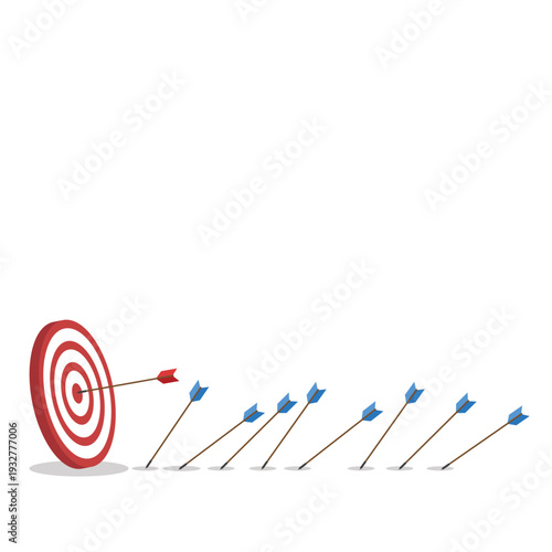 Business Target Success Concept Vector Illustration, Arrow Hitting Bullseye and Missing Arrows, Goal Achievement Strategy, Marketing Performance, Leadership Focus, Investment Growth Concept