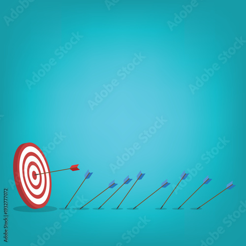 Business Target Success Concept Vector Illustration, Arrow Hitting Bullseye and Missing Arrows, Goal Achievement Strategy, Marketing Performance, Leadership Focus, Investment Growth Concept