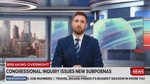 Static Medium Shot of Male News Anchor Delivering Breaking Political and Economy Headlines on Bipartisan Legislation, Market Recovery. TV Mockup Broadcast Playback, Studio Screen Replacement.