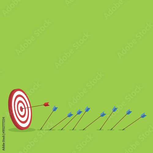 Business Target Success Concept Vector Illustration, Arrow Hitting Bullseye and Missing Arrows, Goal Achievement Strategy, Marketing Performance, Leadership Focus, Investment Growth Concept
