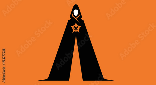A mysterious hooded figure in a black robe with an orange pentagram on an orange background