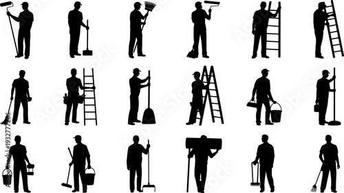 Cleaning service worker silhouette set, janitor with mop broom bucket ladder and tools, housekeeping staff vector collection