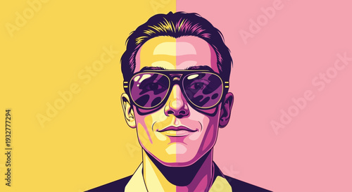 A man wearing sunglasses in front of a colorful background