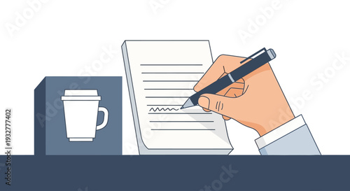 A hand holding a pen signing a document with a coffee cup nearby