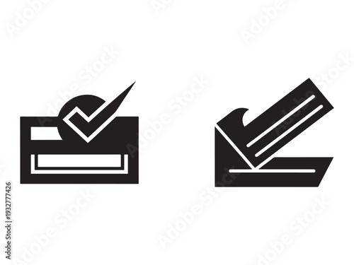 Black and white icons of check marks on documents and paper  verification and confirmation symbols