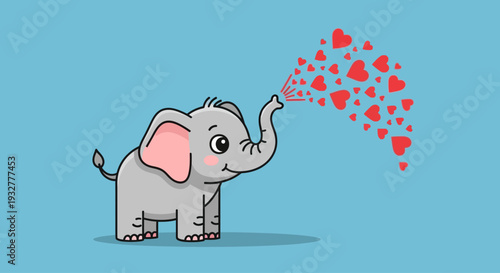 A cute cartoon elephant blowing red hearts into the air