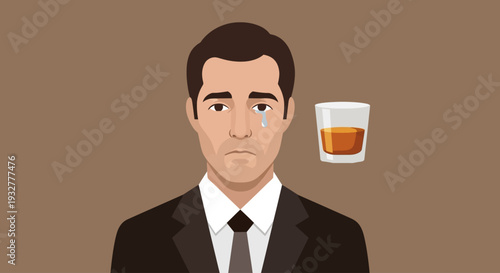 A sad businessman with a tear on his face next to a glass of whiskey