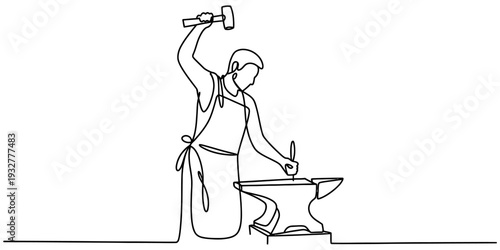 Blacksmith forging metal with hammer line art illustration