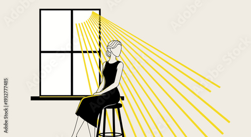 A woman sitting by a window with sun rays shining