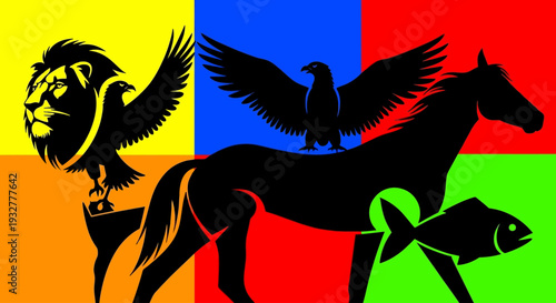 A colorful illustration of mythical creatures in a vibrant setting