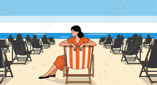 A woman sitting alone on a crowded beach in a deck chair