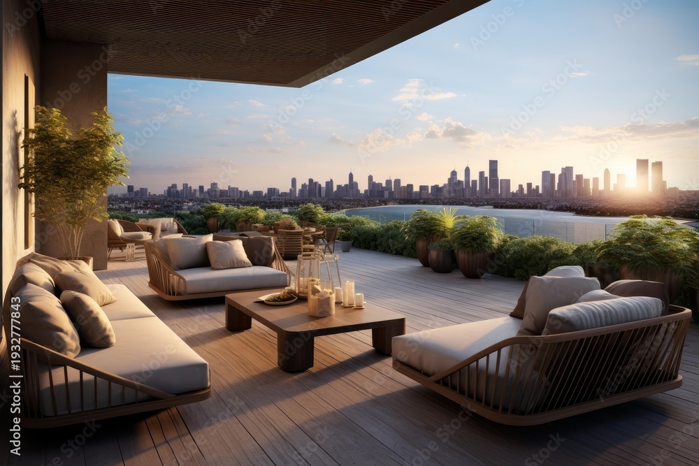 Naklejka premium Outdoor rooftop patio with modern design and city skyline views creating an urban lifestyle ambiance