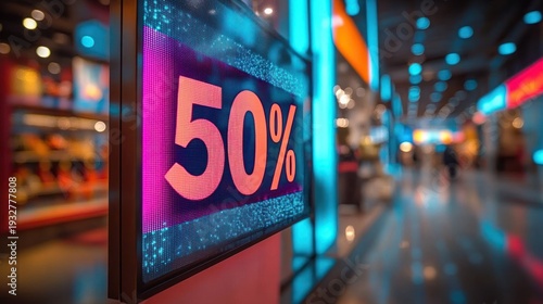 neon digital sign reading 50 percent in a busy mall corridor with blurred shoppers, colorful led lights, glossy reflections and energetic sale atmosphere