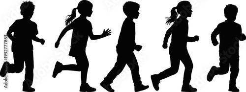Running kids silhouette collection, boys and girls jogging active children isolated on white background