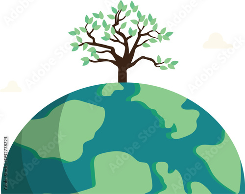 A solitary tree grows from the top of planet Earth, symbolizing life and growth.