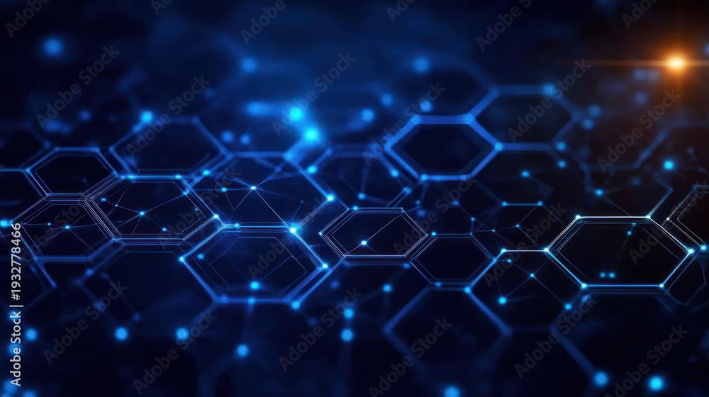 Obraz premium glowing blue hexagonal network grid with connected nodes on a dark background, futuristic and dynamic digital energy