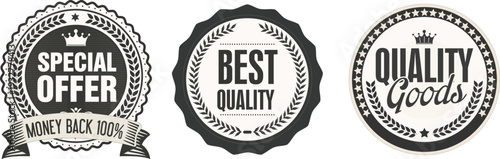 Three black and white quality guarantee labels