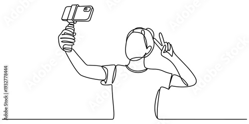 Young woman taking selfie line art illustration isolated
