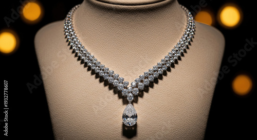 A sumptuous diamond necklace, its substantial pear-shaped pendant suspended upon the model, exudes an air of elegance and showcases the exquisite craftsmanship of fine jewellery.