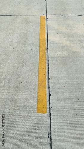 Vertical concrete pavement section bisected by a thick yellow painted dividing line and dark joint gaps.