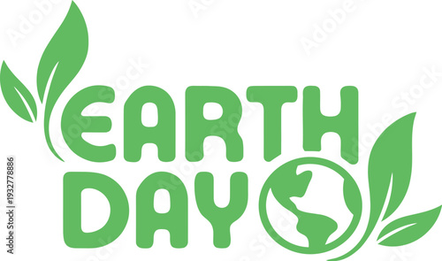 Earth Day Text Graphic with Green Leaves and Globe Icon