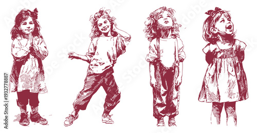 Cute girls praying dancing dreaming emotional illustration collection. Kids expressing imagination and feelings poses. Classic hand drawn line art sketch style. Banner for children book design.