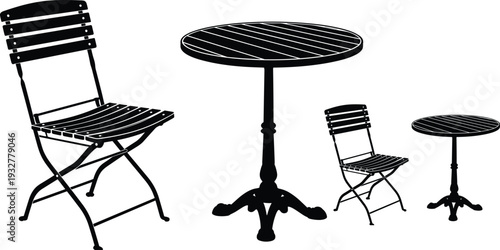 Bistro cafe furniture silhouette set with folding chairs and round tables, cad drawing flat vector illustration for patio garden design.
