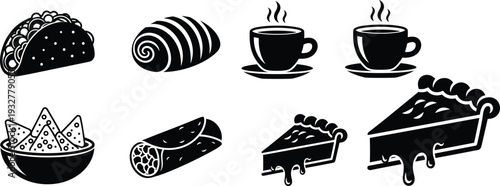 Black food and drink icons set with taco nachos coffee and pie, cad drawing flat vector illustration for cafe menus.