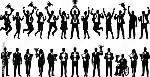 Business trophy silhouettes, professional success vector, corporate achievement design, diversity recognition art, celebration award illustration - flat vector illustration