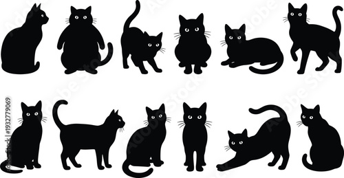 Cat silhouettes collection, feline poses, sitting, standing, walking, stretching, pet icons, animal design – flat vector illustration