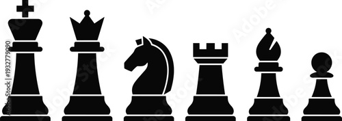 Chess piece silhouettes collection, king, queen, knight, rook, bishop, pawn icons, strategy game symbols – flat vector illustration