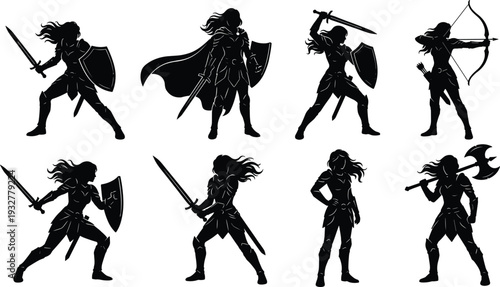 Female warrior silhouettes collection, fantasy combat poses, swords, shields, bow, axe, empowered characters – flat vector illustration