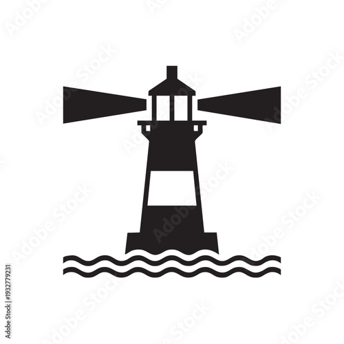 A black silhouette illustration of a lighthouse with beacons standing on waves representing guidance and navigation at sea viewed from the front