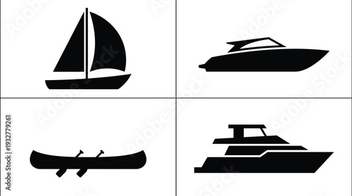Flat vector illustration, boat silhouettes set, sailboat, speedboat, canoe, yacht, watercraft design, marine sketch, nautical outline, transportation drawing