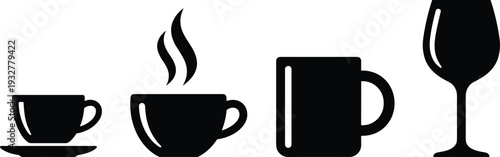 Flat vector illustration, drinkware silhouettes set, teacup, coffee cup, mug, wine glass, beverage design, kitchenware sketch, technical drawing, outline