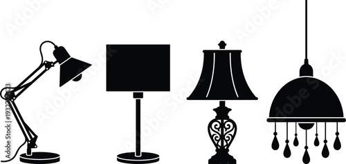 Flat vector illustration, lamp silhouettes set, desk lamp, table lamp, traditional lamp, pendant lamp, lighting design, interior sketch, outline icons