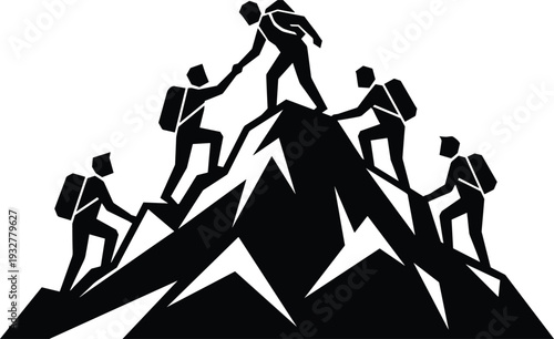 Flat vector illustration, mountain climbing silhouettes set, hikers teamwork, adventure design, outdoor sketch, mountaineering outline, hiking icons, perseverance concept