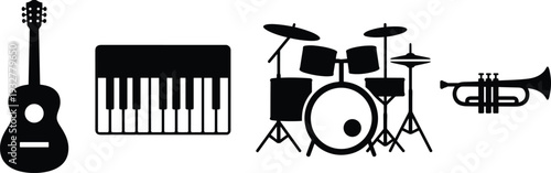 Flat vector illustration, musical instrument silhouettes set, guitar, keyboard, drum kit, trumpet, music design, performance sketch, technical drawing, outline